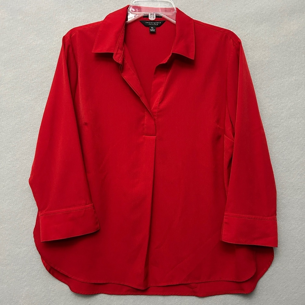 Investments Petites Women PL Blouse Red V-Neck Pleated Popover Tunic 3/4 Sleeve